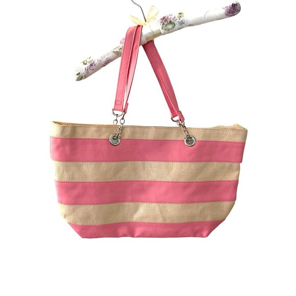 Ulta Pink Striped Tote Bag  Inner Pockets Beach Gym Bag Medium Size - Picture 3 of 7